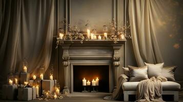 Generative AI, Luxury beige interior with Christmas golden and white decoration photo