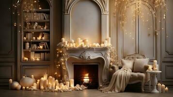 generativo ai, lujo beige interior con Navidad dorado y blanco decoración foto