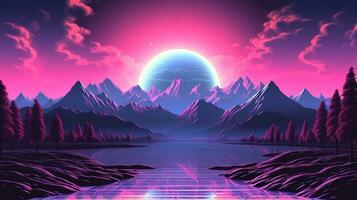 generativo ai, Años 80 retro futurista ciencia ficción., nostálgico años 90 noche y puesta de sol neón colores, cyberpunk Clásico ilustración. sol, montañas y palmas retrowave vj videojuego paisaje.. foto