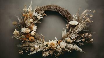 Generative AI, Stylish autumn rustic wreath close up, aesthetic muted colors photo