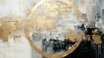 Generative AI, Black, golden and ivory white colors, circle shapes vintage painting background. Grunge old oil impasto painted wall texture photo