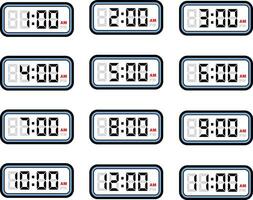 Digital Clock Time Flat Vector Set with 12 Hours Format, Digital Number Illustration