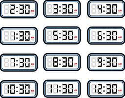 Digital Clock Time Flat Vector Set with 12 Hours Format, Digital Number Illustration