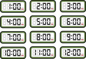 Digital Clock Time Flat Vector Set with 12 Hours Format, Digital Number Illustration