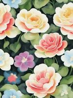 seamless floral pattern, waterpainted watercolor retro styled flowers, ai generative photo