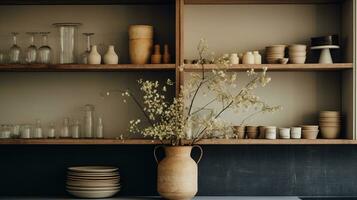 Generative AI, kitchen interior, minimalistic japanese wabi sabi style, muted natural neutral colors photo