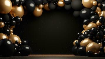 Generative AI, arch of black and golden balloons. Mock up for Black Friday or other holiday 3d background photo