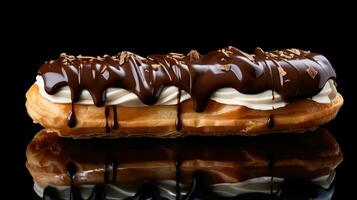 Generative AI, Chocolate eclairs side view, sweet food. Traditional french dessert photo