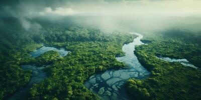 generativo ai, verde hermosa amazónico selva paisaje con arboles y río, zumbido ver foto