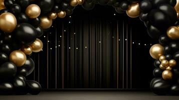 Generative AI, arch of black and golden balloons. Mock up for Black Friday or other holiday 3d background photo