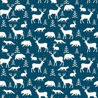 Animals winter seamless pattern. Christmas seamless pattern with bears, foxes, deers, hares and winter trees vector