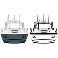 Front view fishing boat vector line art illustration and one color