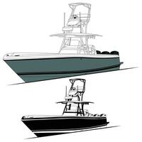 Front view fishing boat vector line art illustration and one color