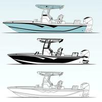 Side view fishing boat vector line art illustration and one color