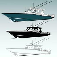 Side view fishing boat vector line art illustration and one color