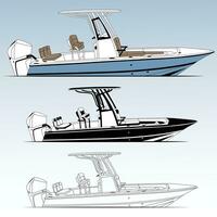 Side view fishing boat vector line art illustration and one color