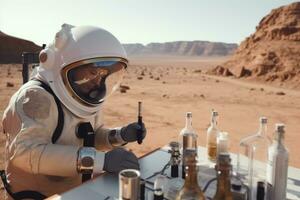 Astronaut doing science experiments on alien planet. Generative AI photo