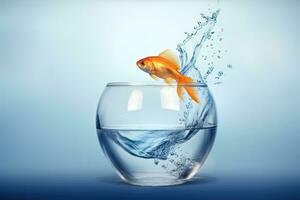 Goldfish leaping from aquarium, symbolizing freedom, Generative AI photo