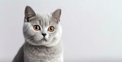Cute British Shorthair cat kitten portrait on gray background in studio. Generative AI photo