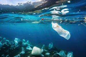 Plastic waste, litter and garbage pollute underwater ocean, Generative AI photo