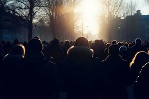 Crowd of people protesting together walking in the city, view from behind, Generative AI photo