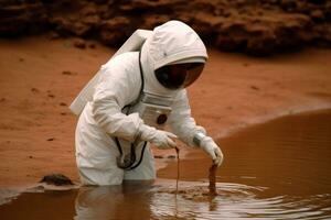 Astronaut filtering water on alien planet. Generative AI photo