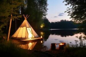 elegante glamping tienda anidado por un lago en un bosque, generativo ai foto