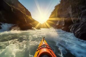 Extreme kayaking down the wild river in mountains at sunset, POV. Generative AI photo