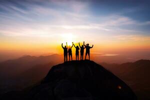 Successful people celebrate at mountain peak during sunset, Generative AI photo