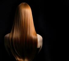 Long healthy female hair viewed from the back with copy-space, Generative AI photo