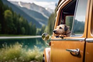 Happy dog on a road trip riding in a vintage camper car with idyllic summer scenery in the background. Generative AI photo