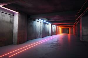 Grunge underground hall in neon lights. Generative AI photo
