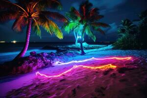 Neon lights on tropical beach at night, summer party. Generative AI photo