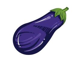 Dark purple colored raw eggplant vegetable with green leaves vector illustration isolated on white horizontal background. Simple flat cartoon art styled drawing.