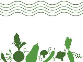 Vegetable plants silhouette icon lined up at the bottom with decorative doodle lines decorative element vector illustration isolated on copy spaced white horizontal background. Simple flat style.