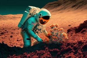 astronauta creciente planta, agricultura y agricultura en extraterrestre planeta. generativo ai foto
