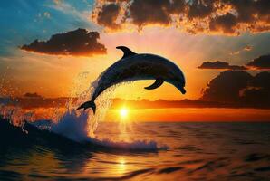 delfín saltando en Oceano a puesta de sol. generativo ai foto