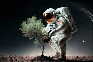 Astronaut planting a tree on alien planet. Generative AI photo