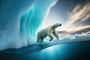 Polar bear on melting iceberg, global warming. Generative AI photo