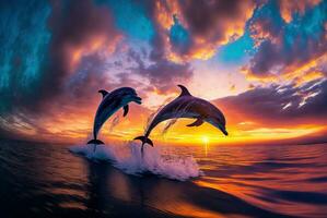 Dolphin couple jumping in ocean at sunset. Generative AI photo