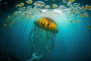 brillante Medusa submarino en el océano. generativo ai foto