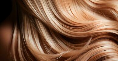 Blonde hair close-up as background. Women's long natural blonde hair. Styling wavy shiny curls - AI generated image photo