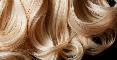 Blonde hair close-up as background. Women's long natural blonde hair. Styling wavy shiny curls - AI generated image photo