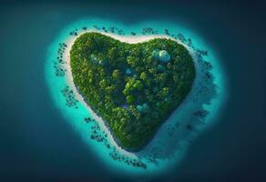 Heart shaped tropical island, aerial view, generative ai photo