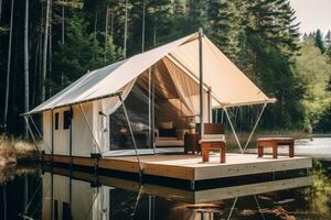 Stylish glamping tent nestled by a lake in a forest, Generative AI photo