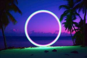 Neon light circle on tropical beach at night, summer party. Generative AI photo