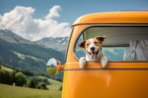 Happy dog with head out of the window in vintage camper car driving on scenic summer landscape. Generative AI photo