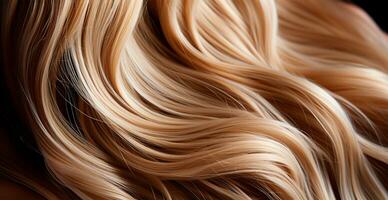 Blonde hair close-up as background. Women's long natural blonde hair. Styling wavy shiny curls - AI generated image photo
