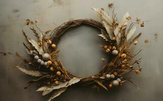 Generative AI, Stylish autumn rustic wreath close up, aesthetic muted colors photo