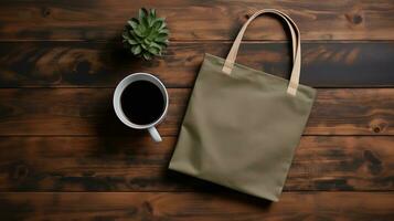 Generative AI, Realistic khaki tote canvas fabric bag set-up in at cafe interior, shopper mock up blank. photo